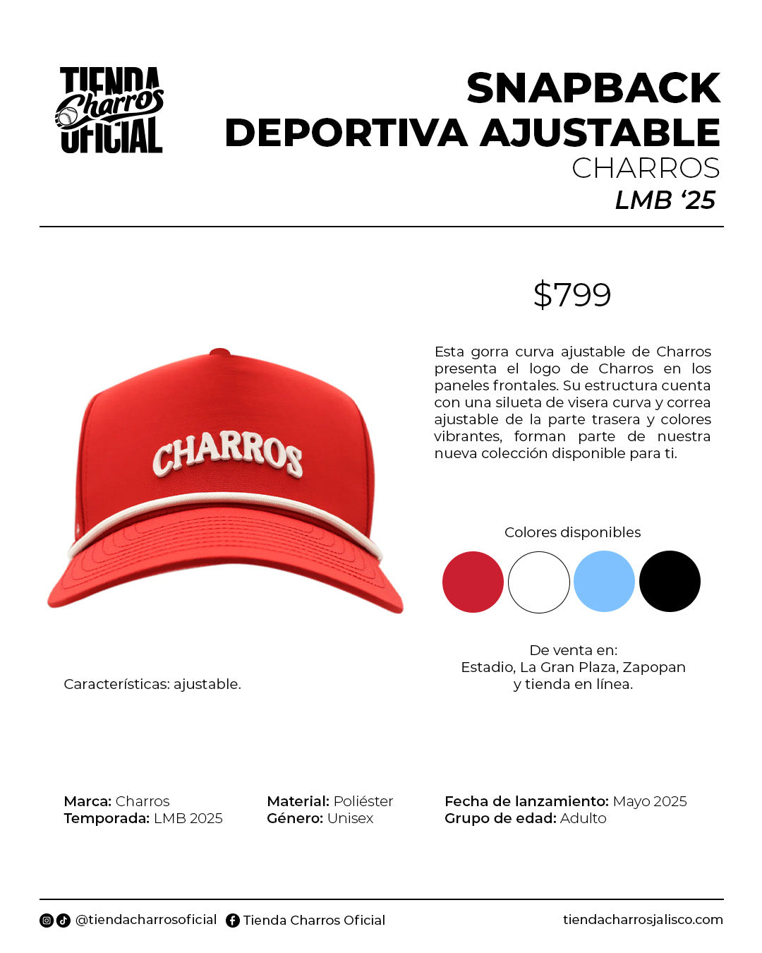 GORRA DEPORTIVA CHARROS AJUSTABLE